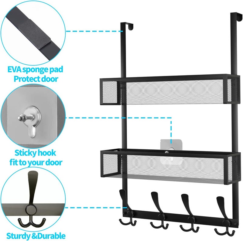 Kaiferty Over The Door Hooks Organizer,Coat Rack with 12 Hooks and 2 Mesh Baskets,Back of Door Storage Organizer for Bathroom,Bedroom,Kitchen,Office(Black) - Image 5